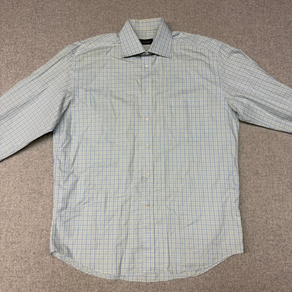 Canali Dress Shirt 16.5 42 Blue Green Check Cotton Long Sleeve Button Down Italy